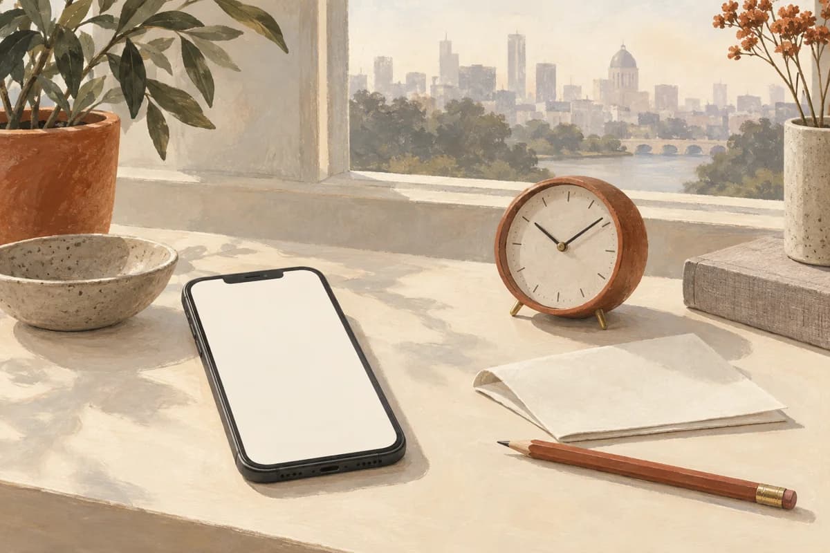 Redakcyjna ilustracja telefonu, zegara i notatnika przy miejskim oknie.