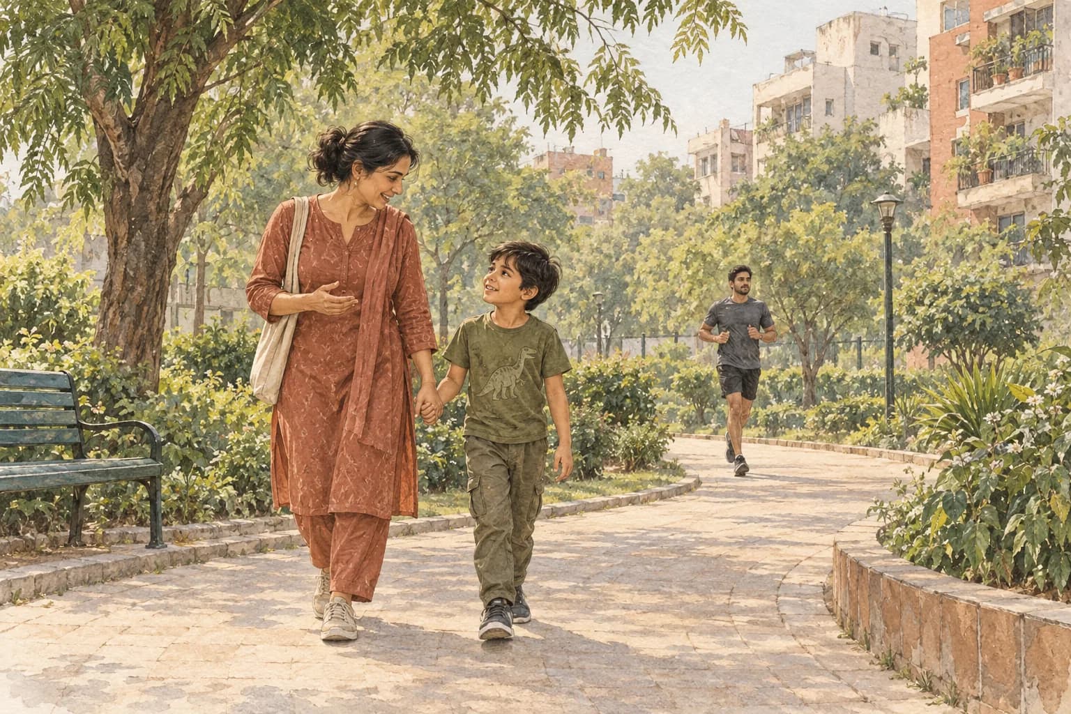 भारतीय शहरी पार्क में टहलती माँ और बच्चा तथा पीछे दौड़ते व्यक्ति का संपादकीय चित्रण।