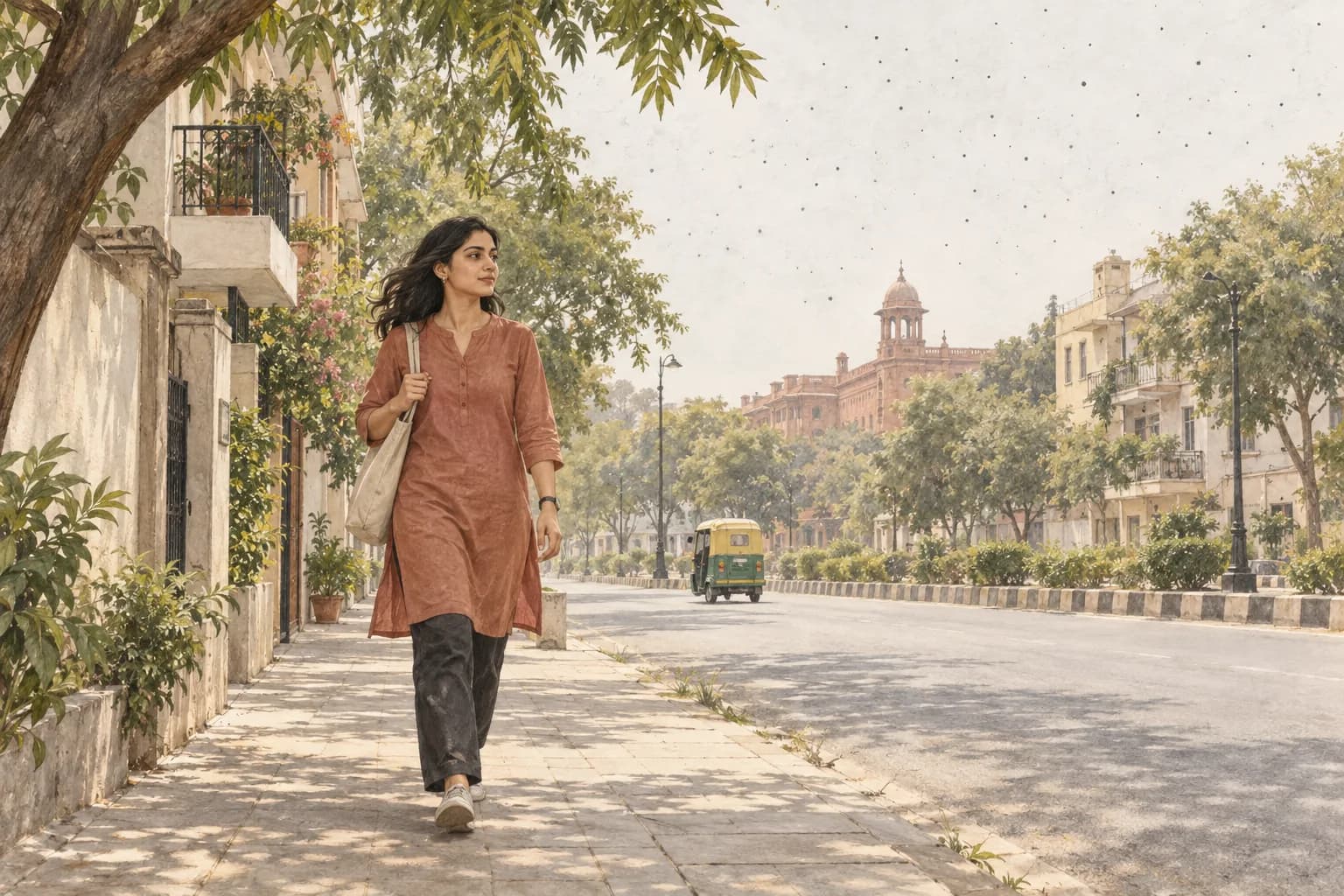 भारतीय शहर में टहलती महिला और हवा के अदृश्य कणों का सांकेतिक संपादकीय चित्रण।